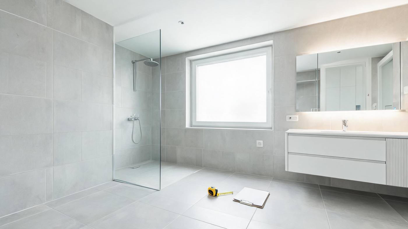 Neues Badezimmer mit Maßband und Prüfliste vor der Übergabe