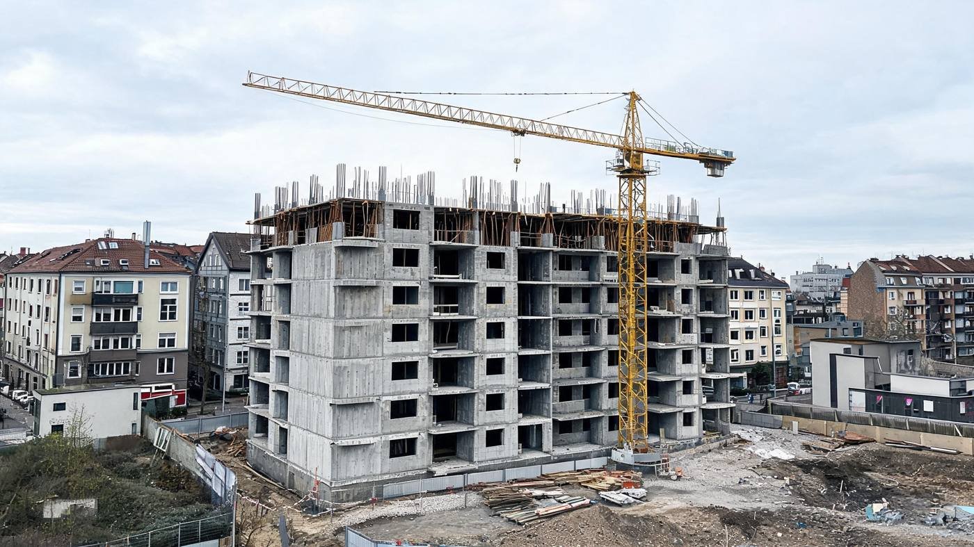 Betonrohbau eines Mehrfamilienhauses mit Schalung und Baukran